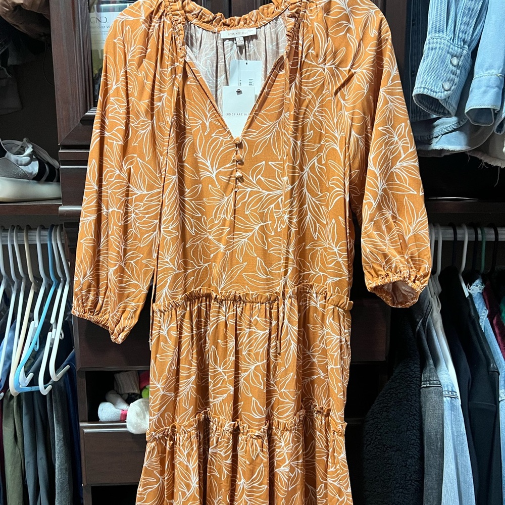 Skies Are Blue Leaf Print Orange Dress